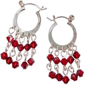Vintage Artisan Sterling Silver Swarovski Red Crystal Dangle Earrings Handmade